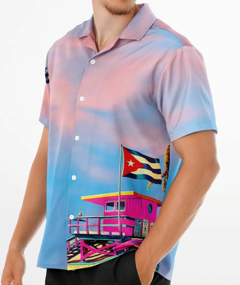 Shirt Camisa Cubana – Miami Beach Pink Lifeguard Station, Bandera Cubana
