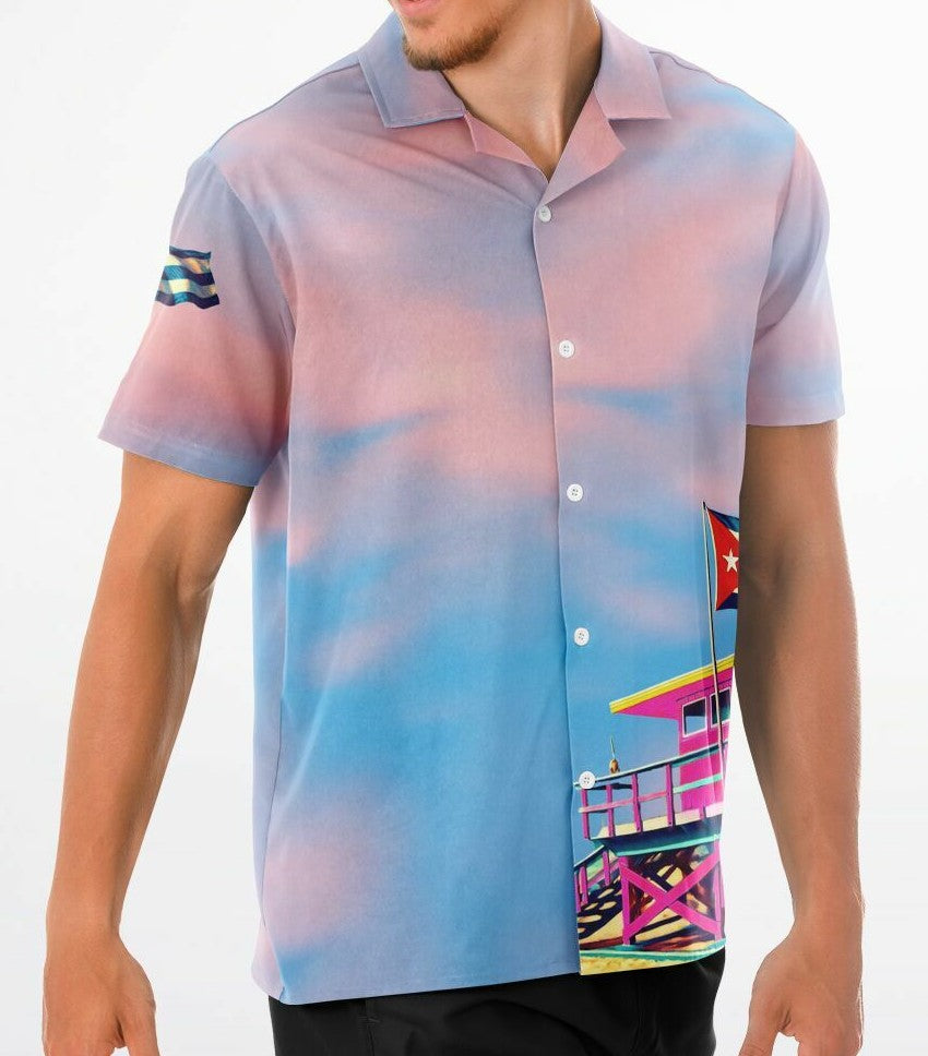 Shirt Camisa Cubana – Miami Beach Pink Lifeguard Station, Bandera Cubana