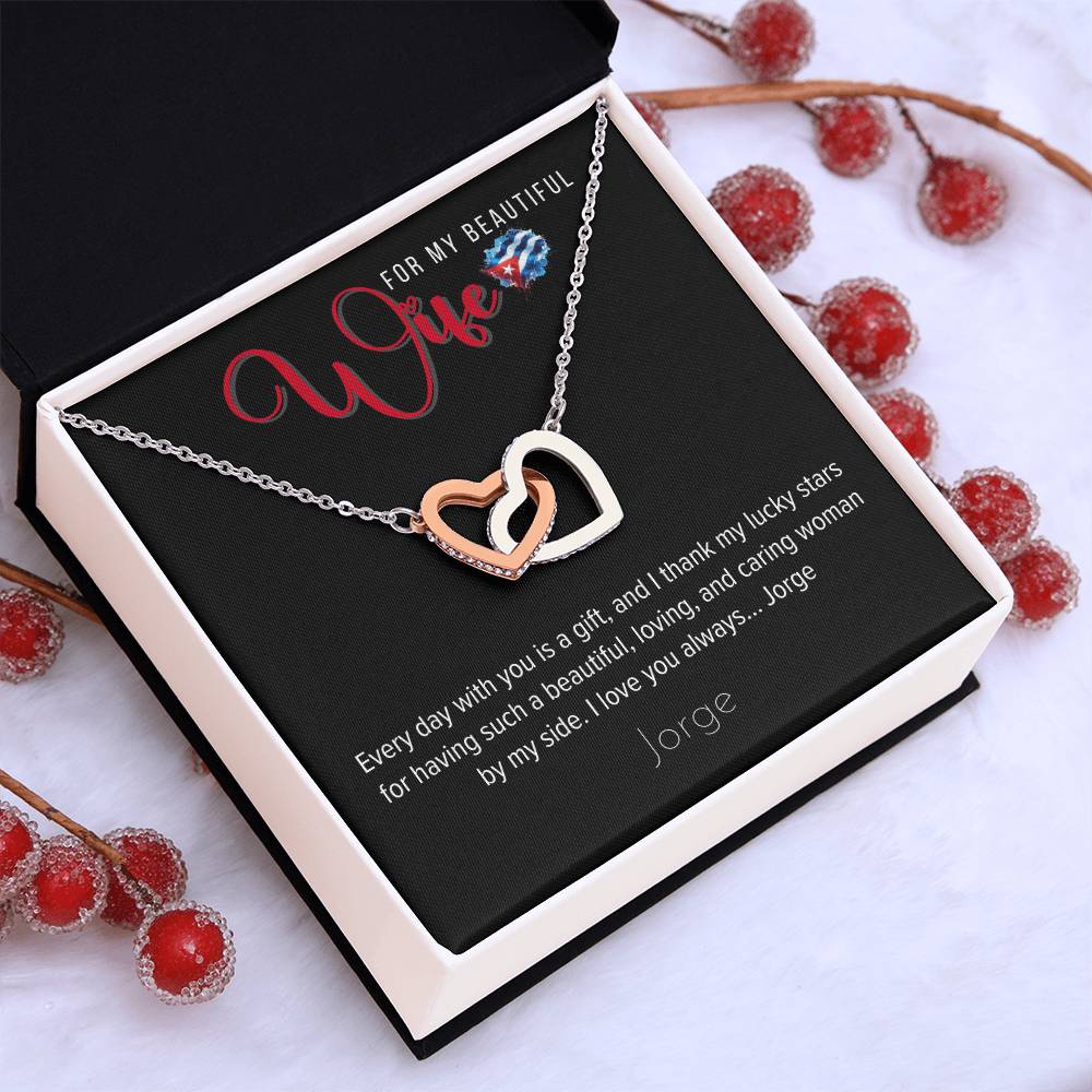 Necklace, for my Wife - Interlocking Hearts in 18K Yellow Gold or Polished Stainless Steel