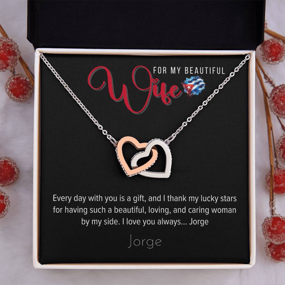 Necklace, for my Wife - Interlocking Hearts in 18K Yellow Gold or Polished Stainless Steel