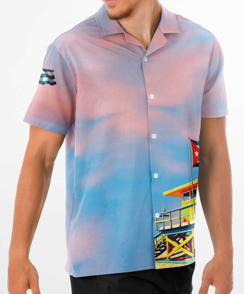 Shirt Camisa Cubana – Miami Beach Yellow Lifeguard Station, Bandera Cubana