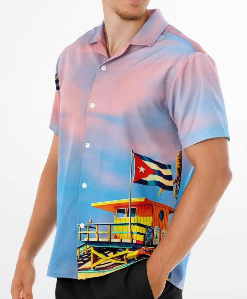 Shirt Camisa Cubana – Miami Beach Yellow Lifeguard Station, Bandera Cubana