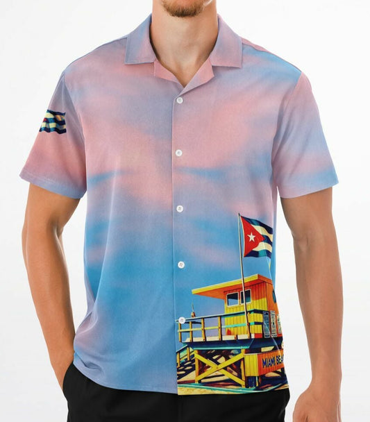 Shirt Camisa Cubana – Miami Beach Yellow Lifeguard Station, Bandera Cubana