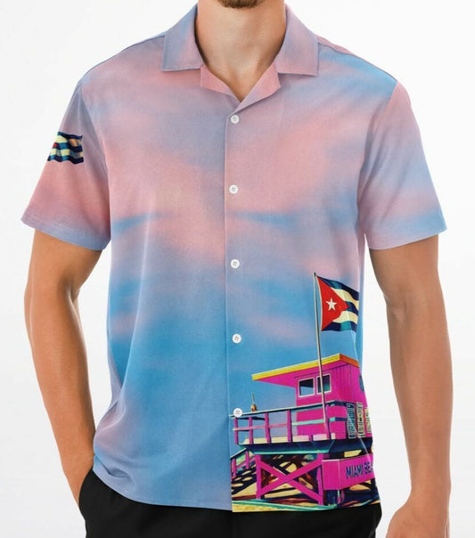 Shirt Camisa Cubana – Miami Beach Pink Lifeguard Station, Bandera Cubana