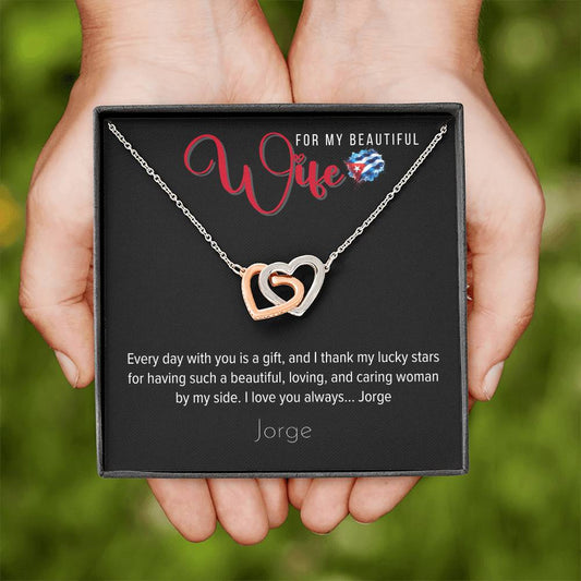 Necklace, for my Wife - Interlocking Hearts in 18K Yellow Gold or Polished Stainless Steel